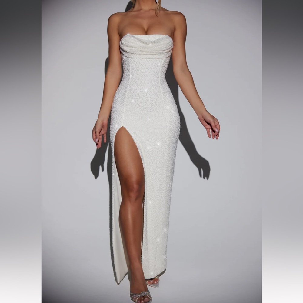Oh Polly Embellished Bandeau Cowl Neck Maxi Dress in Ivory